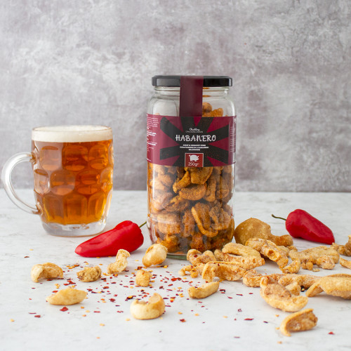 Habanero Hot & Spicy Pork Scratchings Gift Jar With Beer & Chilli, Available Now at The Chuckling Cheese Company