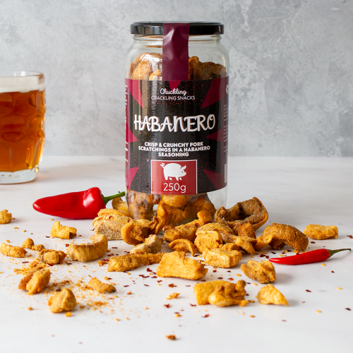 Habanero Hot & Spicy Pork Scratchings Gift Jar, Available Now at The Chuckling Cheese Company