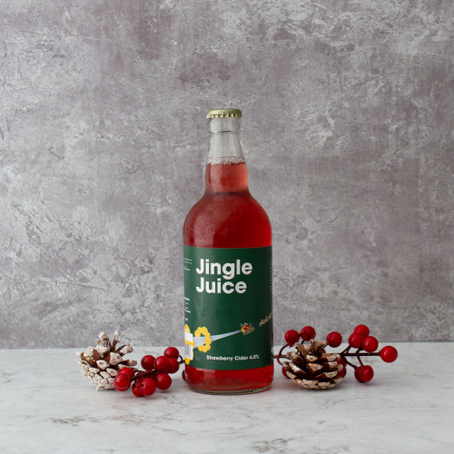 A grey background image of a single bottle of Jingle Juice Cider