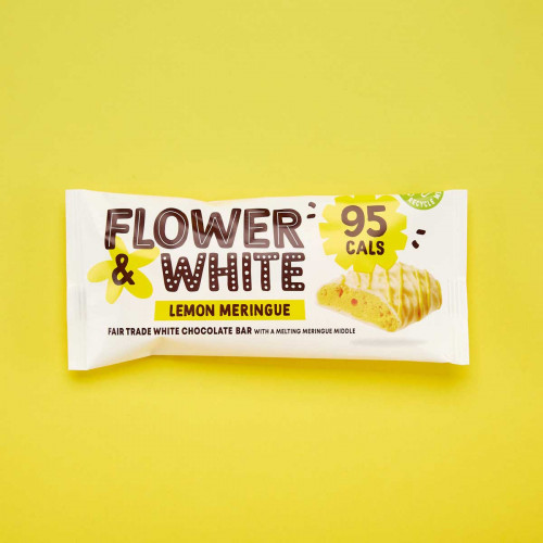 A photo of a Flower and White Lemon Meringue Bar in packaging.