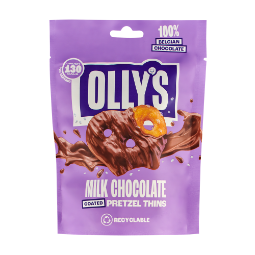 A white background pack shot image of Olly's Pretzels Milk Chocolate Pretzel Thins