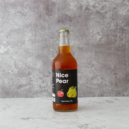 A grey background image of a single bottle of Nice Pear Cider