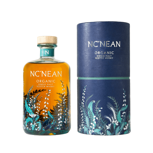 A white background image of a bottle of Nc'Nean organic single malt scotch whisky with case.