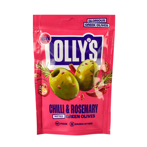 A bag of Olly's Olives Chilli and Rosemary Fiery Green Olives. Available at The Chuckling Cheese Company.