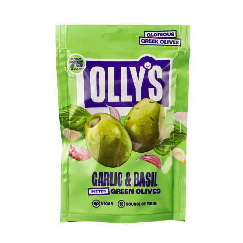 A bag of Olly's Olives Garlic & Basil Juicy Green Olives. Available at The Chuckling Cheese Company