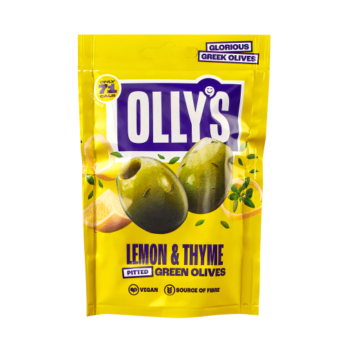 A bag of Olly's Olives Lemon & Thyme Zesty Green Olives. Available at The Chuckling Cheese Company.