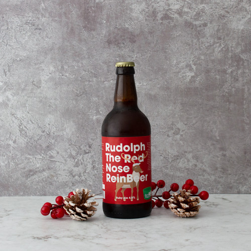 A grey background image of single bottle of Rudoplh the red nose reinbeer