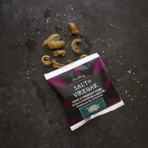 Salt & Vinegar Flavoured Pork Scratchings Packet Opened, Available Now at The Chuckling Cheese Company