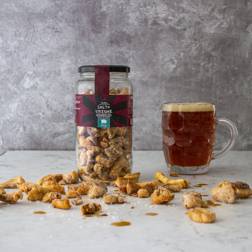 Salt & Vinegar Flavoured Pork Scratchings Gift Jar With Beer, Available Now at The Chuckling Cheese Company