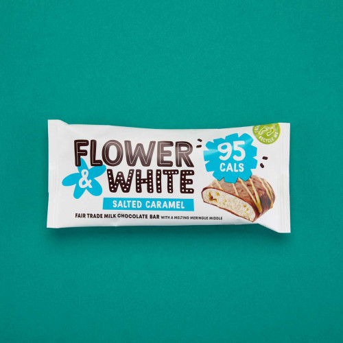A photo of a Flower and White Salted Caramel Meringue Bar in packaging.
