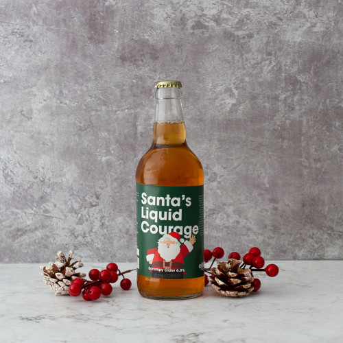Grey background image of a single bottle of Santa's Liquid Courage Cider
