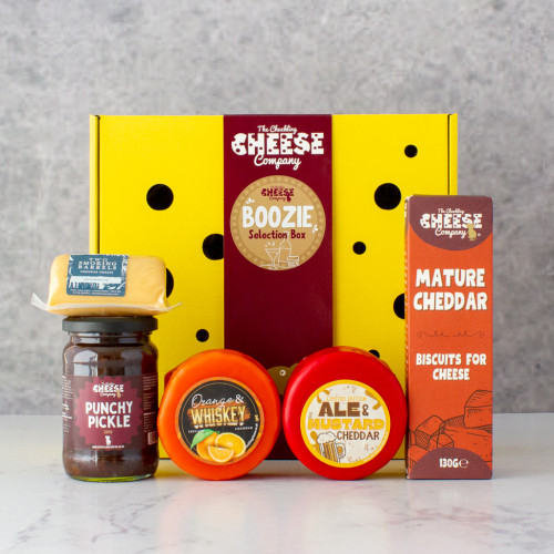 The Boozie Selection Box, filled with a range of alcohol inspired products, available to purchase from The Chuckling Cheese Comapny
