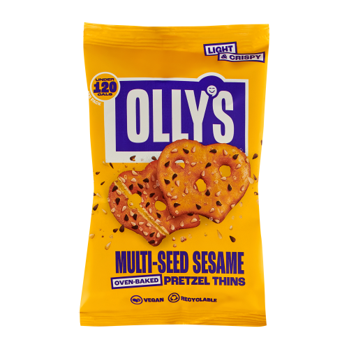 A white background image of Olly's Pretzels Multi-Seed Sesame Pretzel Thins.
