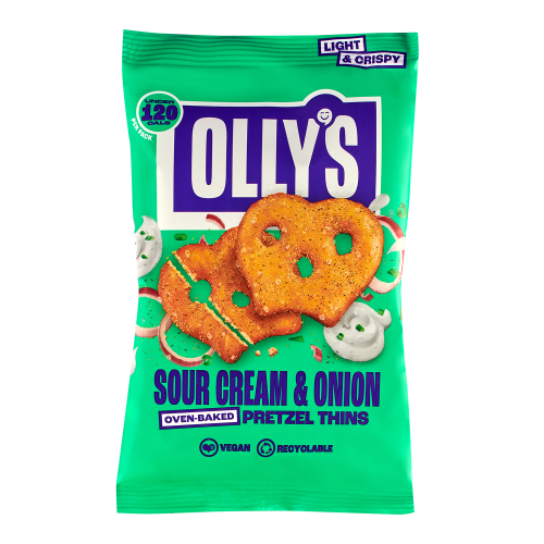 A white background image of Olly's Pretzels Sour Cream & Onion Pretzels Thins.