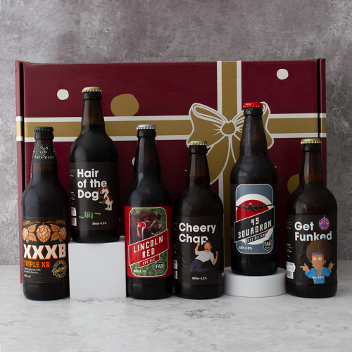 The Beer Hamper by The Chuckling Cheese Company including three comedy beers and three craft beers.