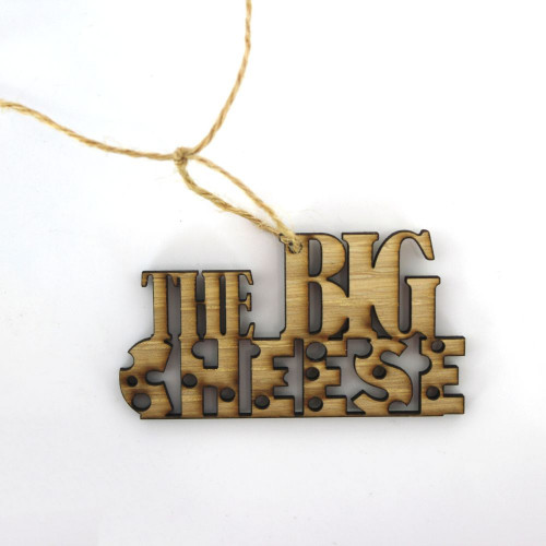 A white background image of the The Big Cheese Wooden Gift Topper handmade by The Chuckling Cheese Company