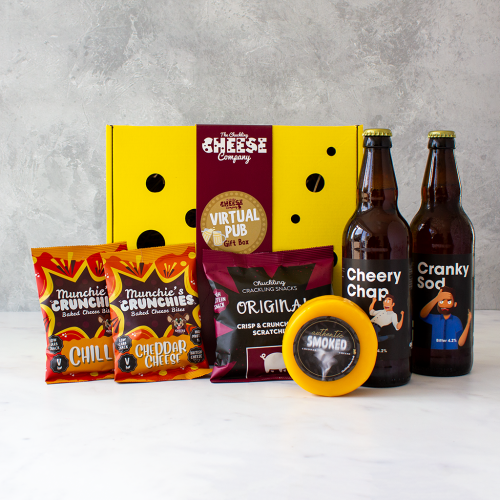 Product image of the Virtual Pub Gift Box which includes two comedy beers, 2 packs of Munchie's Crunchies Baked Cheese Bites, a 50g bag of pork scratchings and a Smoked Cheddar Truckle