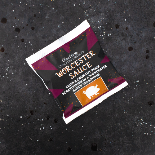 Worcester Sauce Flavoured Pork Scratchings Packet, Available Now at The Chuckling Cheese Company