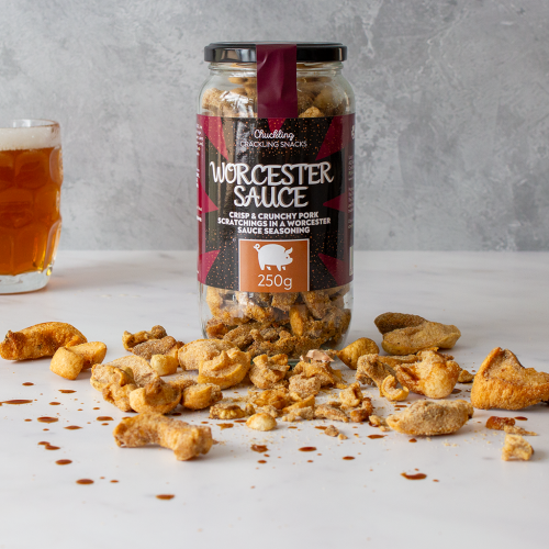 Worcester Sauce Flavoured Pork Scratchings Gift Jar, Available Now at The Chuckling Cheese Company
