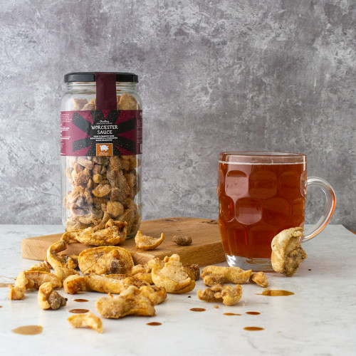 Worcester Sauce Flavoured Pork Scratchings Gift Jar With Beer, Available Now at The Chuckling Cheese Company