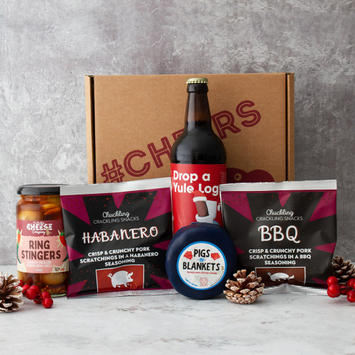 Pork Scratchings, Gourmet Snacks & Beer Christmas Gift Box, Available Now at The Chuckling Cheese Company