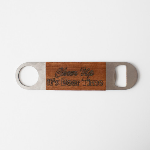 White background image of the engraved Cheer Up I'ts Beer Time Wooden Bar Blade